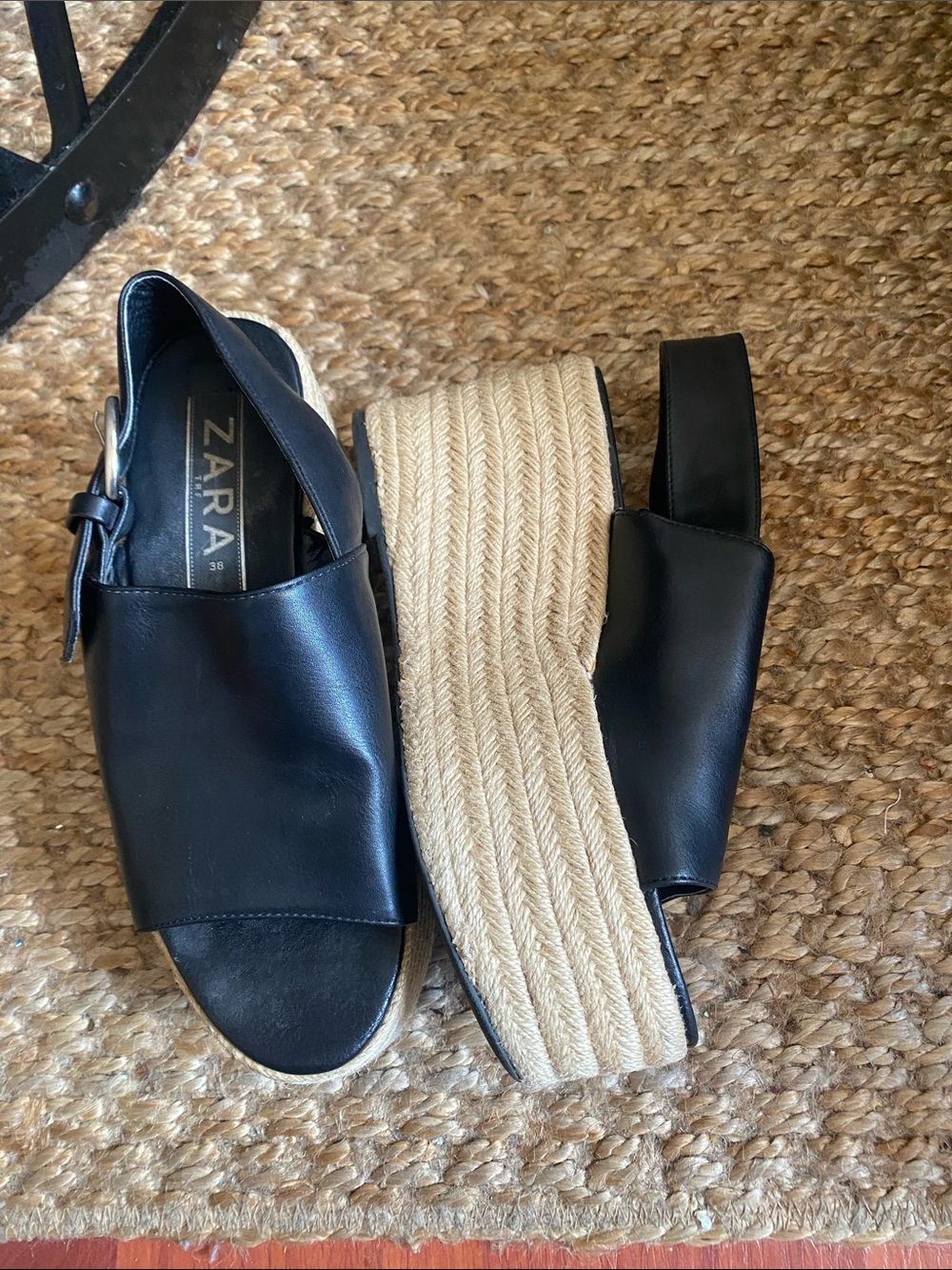 ZARA Black Leather Espadrille Platform Sandals